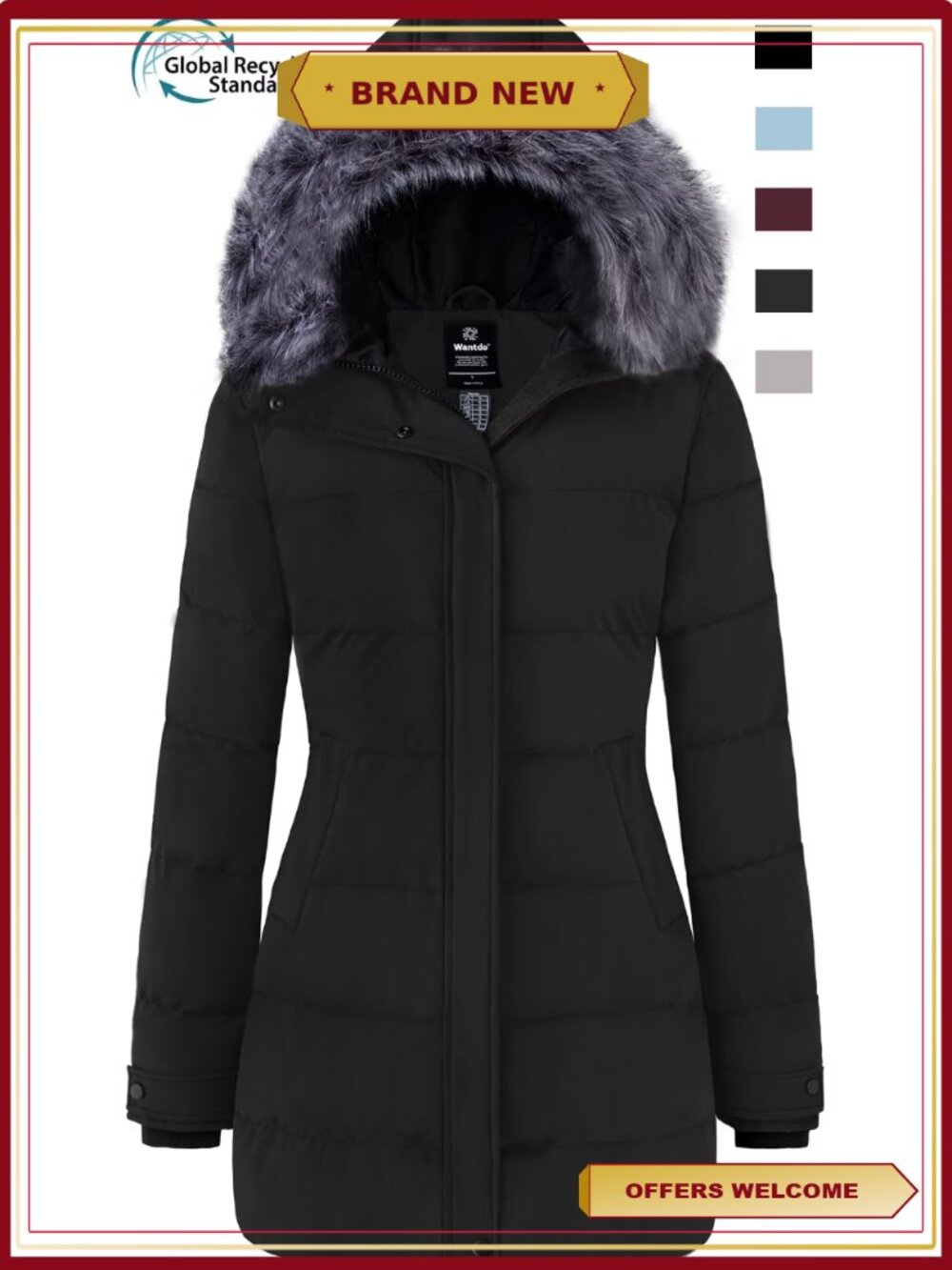 Recycled Quilted Winter Parka Coat Hooded Windproof Warm Insulated